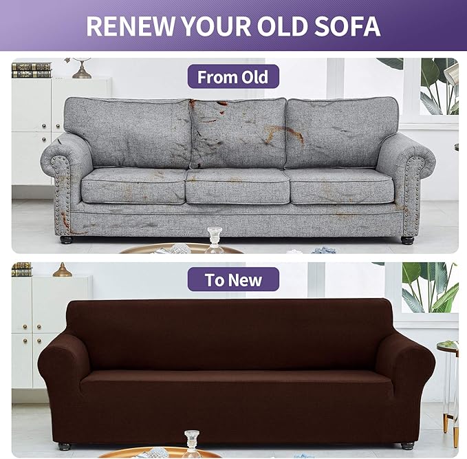 Joccun Stretch Couch Cover Slipcovers, 1-Piece Sofa Covers for 3 Cushion Couch Spandex Jacquard Washable Furniture Protector Cover for Living Room,Kids,Pets(Sofa,Chocolate)