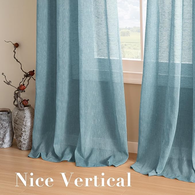 H.VERSAILTEX Natural Linen Semi Sheer Curtains for Living Room Extra Long Curtains Made of Rich Linen Soft Material, Nickel Grommet Window Panel Drapes (Set of 2, 52 by 108 Inch, Turquoise)
