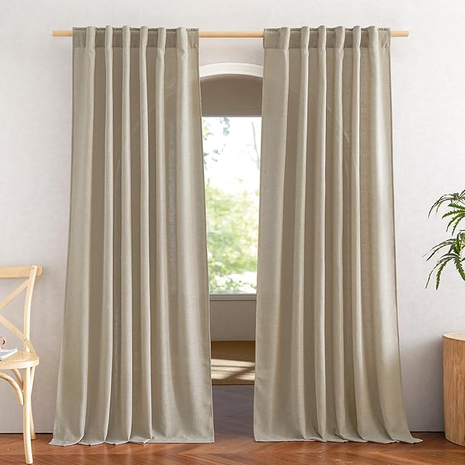 NICETOWN Taupe Curtains 84 inch Length 2 Panels Set, Rod Pocket & Back Tab Natural Linen Burlap Semi Sheer Window Treatments Privacy with Light Filtering for Bedroom/Living Room, W52 x L84