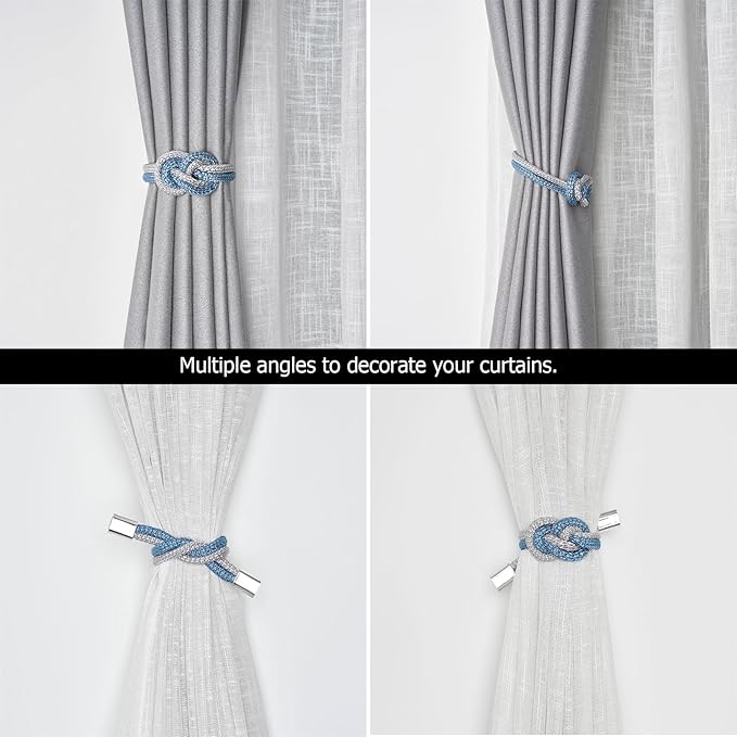 NICEEC 4 Pack Mini Magnetic Curtain Tiebacks Nordic Simple Style Drape Tie Backs Elegant Hand Weave Rope Knot Decorative Curtain Holdbacks for Home & Office Thin Window Drapery (Blue & Grey)