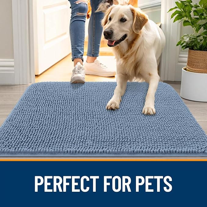 OLANLY Dog Door Mat for Muddy Paws 70x24, Absorbs Moisture and Dirt, Absorbent Non-Slip Washable Doormat, Quick Dry Chenille Mud Mat for Dogs, Entry Indoor Entryway Carpet for Inside Floor, Airy Blue