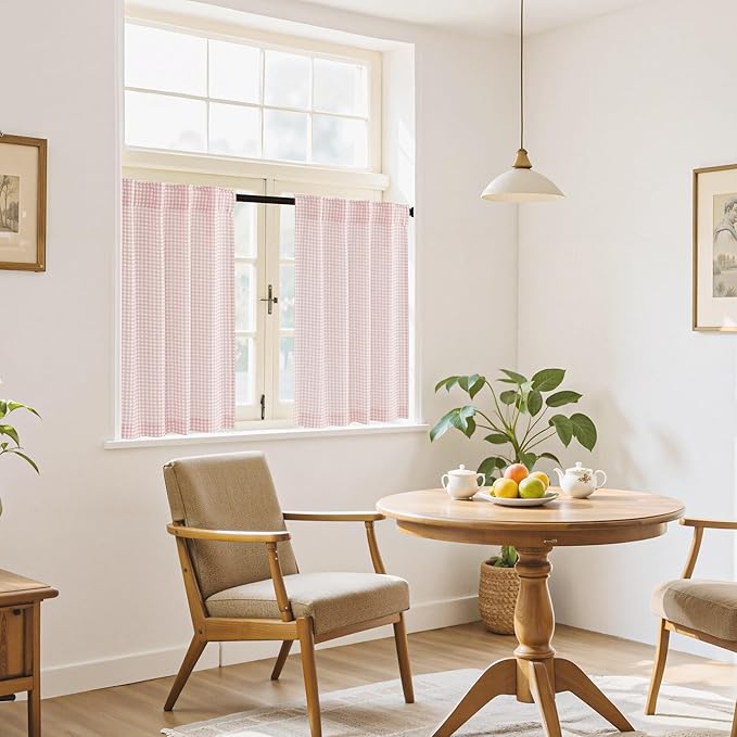 RYB HOME Checkered Kitchen Curtains 24 inch Length, Vintage Farmhouse Linen Cafe Plaid Curtains Gingham Small Window Treatment Valance for Living Room Bathroom, Pink, W26 x L24, 2 Panels