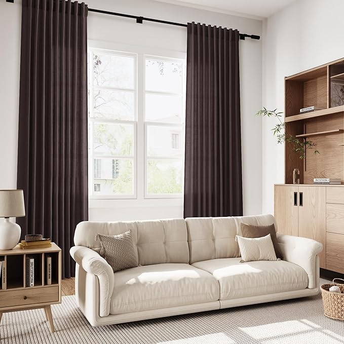 Cocoa Coffee Curtains 63 Inches Long 2 Panel Sets for Living Room Bedroom, Light Filtering Linen Drapes for Kitchen Windows Rod Pocket or Back Tab Curtain,Semi Sheer 52x63