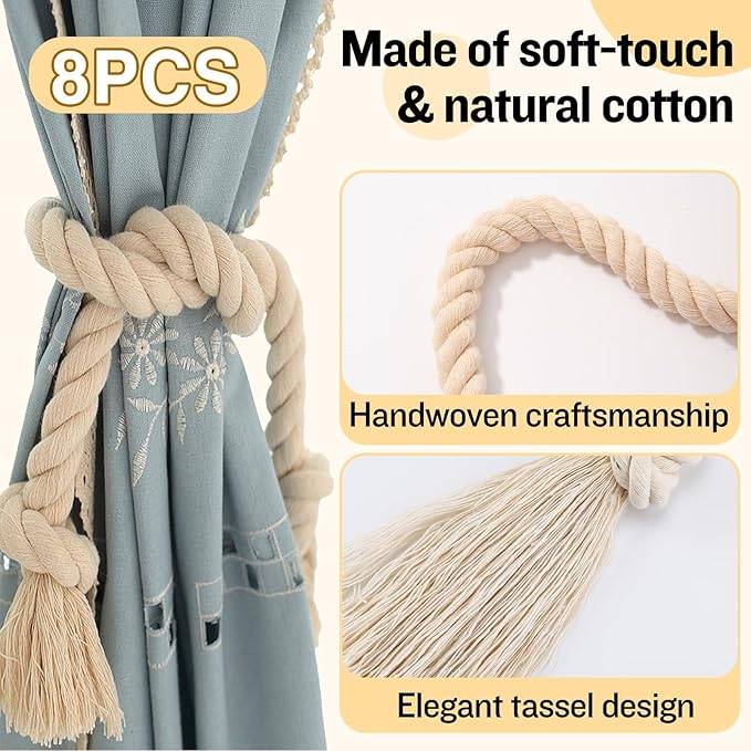 8 Pcs Hand Woven Curtain Tiebacks No Drilling - Boho Drape Holdbacks Rope for Black Blue Light Color Curtains, Decorative Ties for Outdoor Yard Garden Farmhouse Drapery, Beige