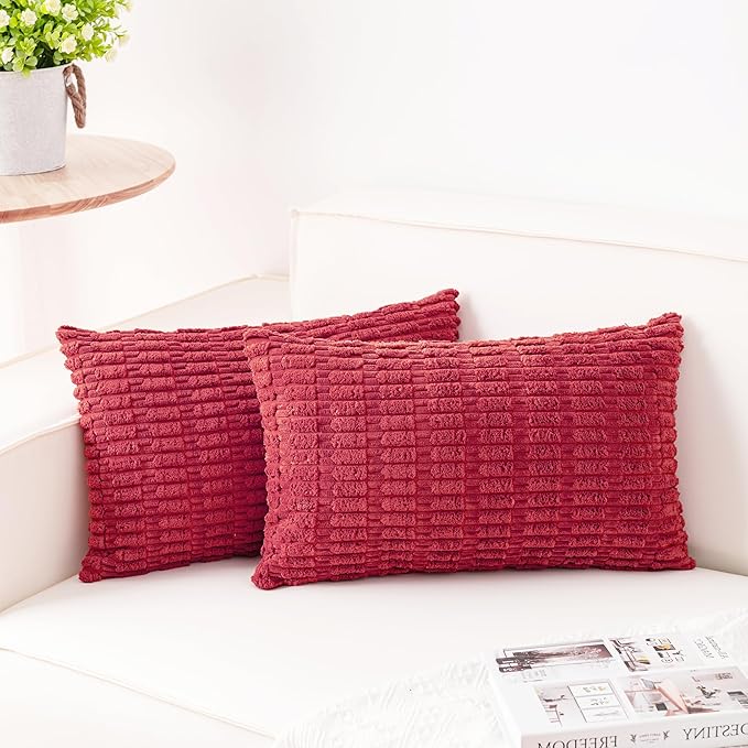 Pack of 2 Corduroy Decorative Throw Pillow Covers 12x24 Inch Soft Striped Pillow Covers Modern Farmhouse Home Decor for Sofa Living Room Couch Bed（Cranberry Red）