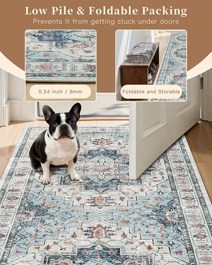 Madane Hallway Runner 3x14 - Runner Rugs 14ft Washable Entryway Rug Vintage Kitchen Runners Non Slip Indoor Area Rug Farmhouse Carpet Runner for Bathroom Living Room Bedroom, Blue