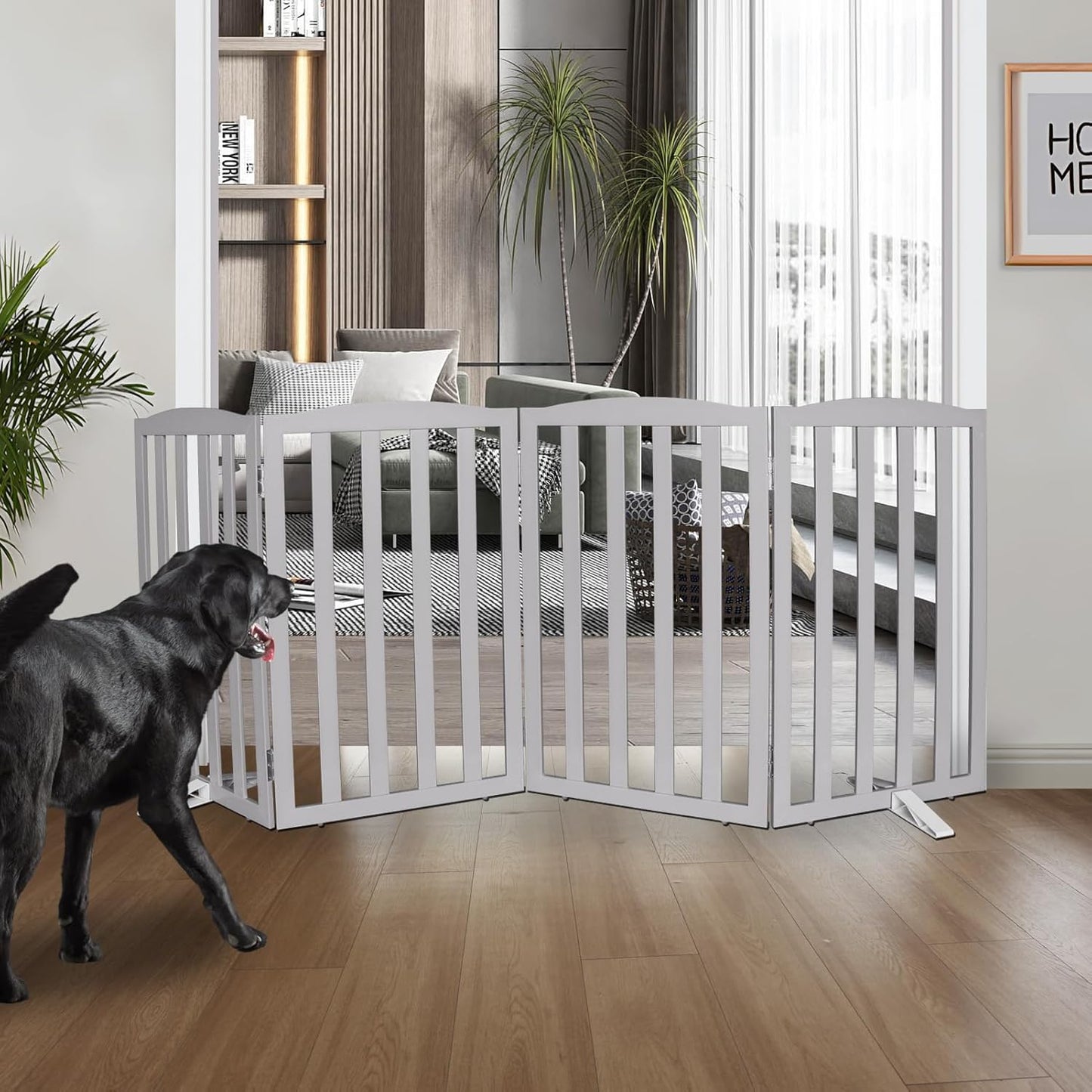ZJSF Foldable Freestanding Indoor Dog Gate for House Wood Long Pet Gates Dog Fence for Stairs Puppy Gates for Hallways, Puppy Gate,Support Feet Included, Grey, 32 "Height-4 Panels