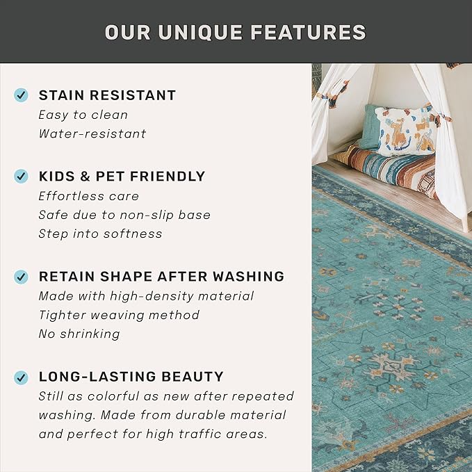 3x4 Teal Rugs for Entryway Indoor - Washable Non Skid Area Rug for Large Kitchen, Bedside, Bathroom, Mudroom, Boho Geometric Floral Design, Non Slip Low Pile Fade Resistant