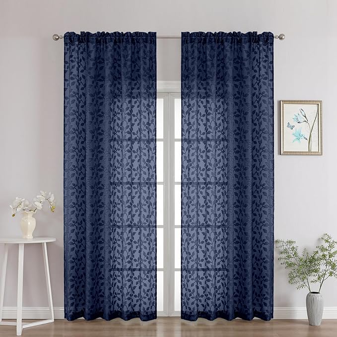 Chyhomenyc Navy Blue Sheer Curtains 90 Inch Length 2 Panels Set, Light Filtering Tufted Textured Soft Airy Rod Pocket Gentle Leaf Window Treatment Drapes for Bedroom Living Room, 52" Wx90 L, 2PCS