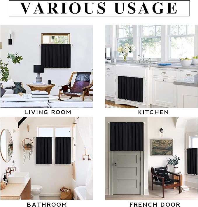 RYB HOME Short Blackout Curtains for Bedroom, Black Room Darkening Insulated Summer Heat Light UV Blocking Energy Saving Drapes for Nursery, Width 42 by Length 48, Black, Set of 2