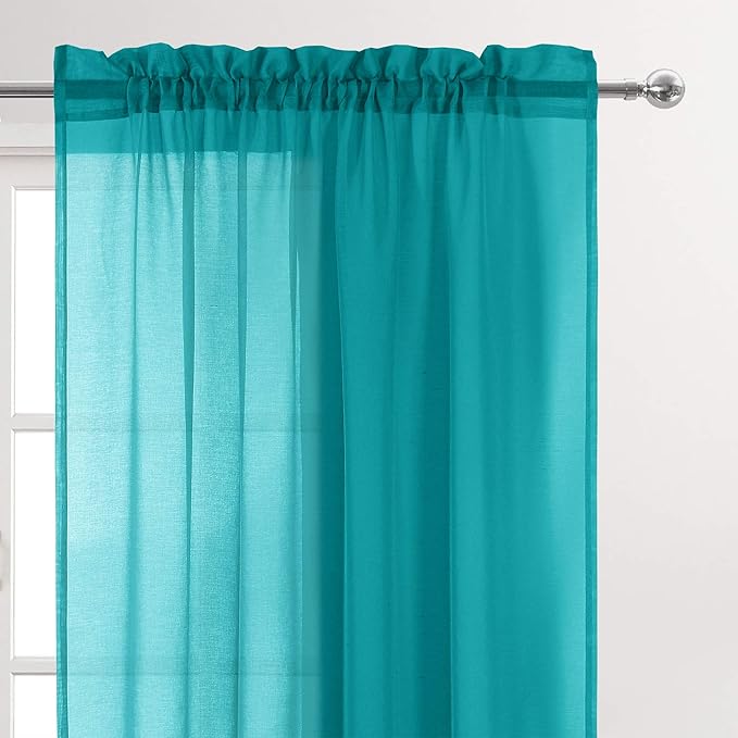 DWCN Turquoise Sheer Curtains Semi Transparent Voile Rod Pocket Curtains for Bedroom and Living Room, 52 x 45 inches Long, Set of 2 Panels