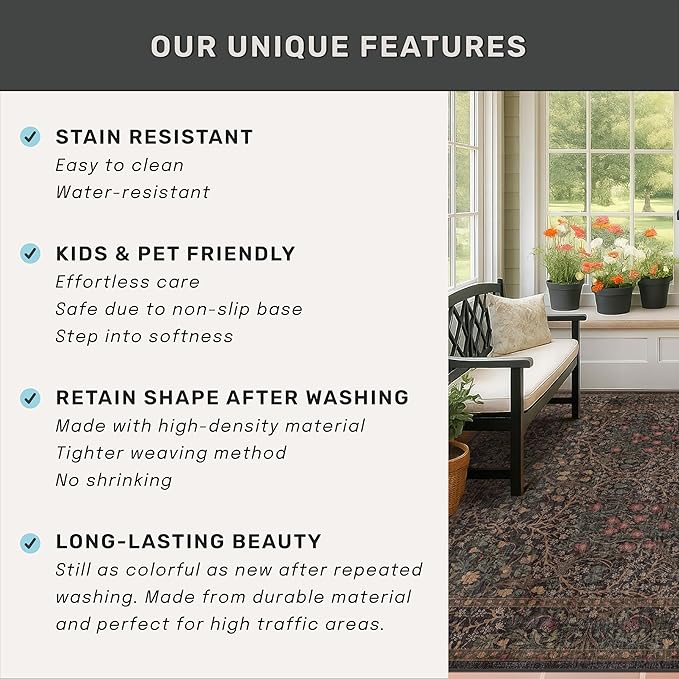 Vintage Dark Brown 3x4 Entryway Rug, Washable Small Area Rugs for Entry Way, Kitchen, Bathroom, Door Mat Indoor Entrance, Mudroom, Oriental Floral Low Pile Stain Resistant Non-Slip Throw Rug