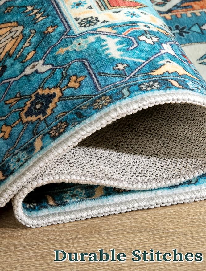 SERISSA Boho Washable Runner Rug, 2x6 Rug Runner Non-Slip Vintage Blue Hallway Kitchen Runner Rug Ultra Soft Print Distressed Tribal Floor Carpet Runner for Bedroom Bathroom Laundry Living Room