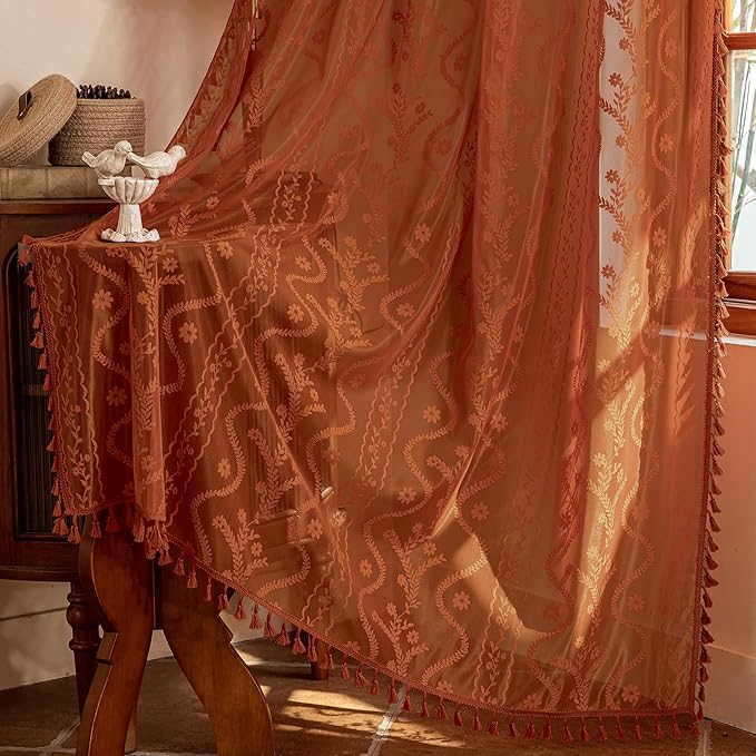 WAZZIO Boho Lace Curtains 108 Inch 2 Panels-Vintage Sheer Panel Drape Floral Pattern & Tassel Light Filtering Privacy for Bedroom Dining Living Room,Cottage Earthy Full Decor Terracotta,W52 x 108L