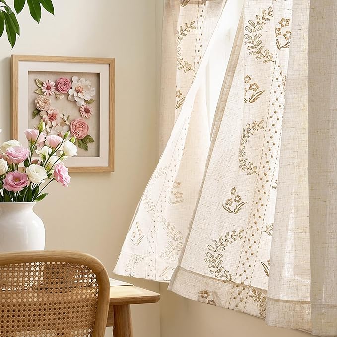 jinchan Belrose Linen Floral Kitchen Curtains 24 inch Length Embroidered Farmhouse Cafe Curtains for Living Room Bathroom Small Windows Curtain Set Sheer Light Filtering 2 Panels Beige