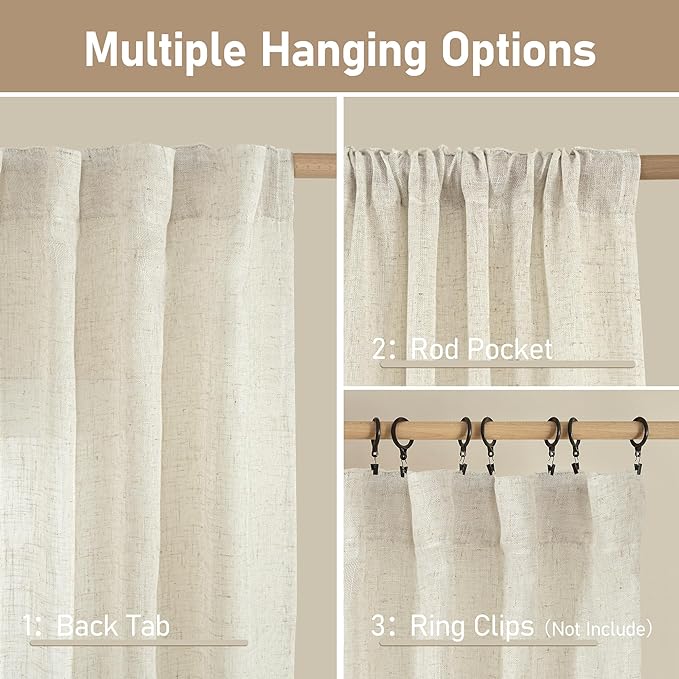 LAMIT Kitchen Semi Sheer Linen Curtains 24 Inch Long, Light Filtering Panels Back Tab and Rod Pocket Neutral Drapes for Cafe/Bathroom/Small Window, Natural, 2 Panels, 34 x 24 Inch