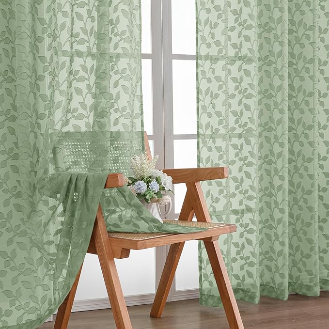 Chyhomenyc Sage Green Sheer Curtains 84 Inch Length 2 Panels Set, Light Filtering Tufted Textured Soft Airy Rod Pocket Gentle Leaf Window Treatment Drapes for Bedroom Living Room, 42" Wx84 L, 2PCS