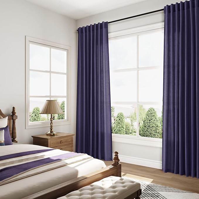 Nanspring Purple Linen Curtains 84 Inches Long, Back Tab Light Filtering Semi Sheer Privacy Drapes for Living Room & Bedroom Simple Style, 52x84 inch, 2 Panels
