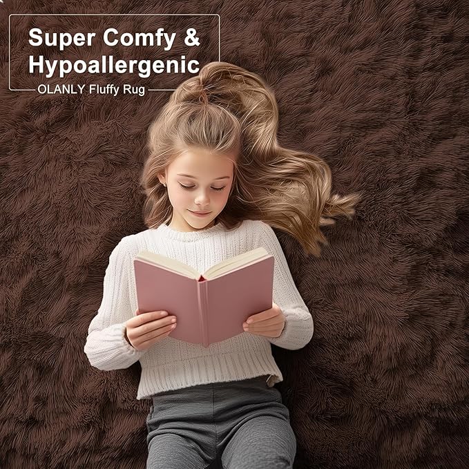OLANLY 7x8 Machine Washable Large Area Rugs for Living Room, Bedroom, Soft Fluffy Shaggy Bedside Rug, Indoor Floor Carpet for Kids Girls and Boys, Dorms, Nursery, Home Decor Aesthetic, Coffee