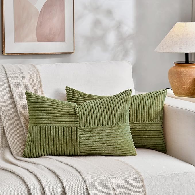 Fancy Homi 2 Packs Moss Green Lumbar Decorative Throw Pillow Covers 16x26 Inch for Living Room Couch Bed, Farmhouse Boho Home Decor, Soft Striped Corduroy Rectangle Accent Cushion Case 65x40 cm