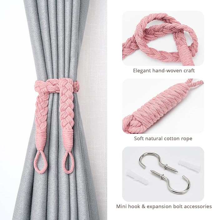 NICEEC 2 Pack Natural Cotton Rope Curtain Tiebacks Elegant Boho Style Decorative Drape Tie Backs Soft Hand-Woven Rope Curtain Holdbacks with Metal Hook for Home & Office Drapery (Pink)