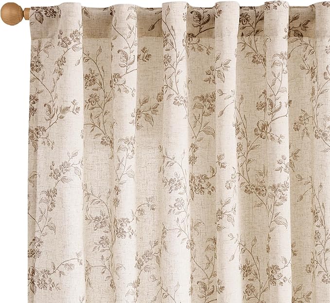 Lazzzy Taupe Floral Linen Curtains 84 Inch Farmhouse Curtain Back Tab Drapes for Living Room Bedroom Light Filtering Vintage Rod Pocket Curtains for Home, 2 Panels, Taupe on Beige