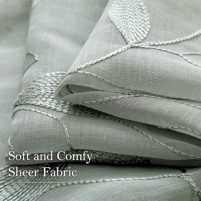 HOMEIDEAS Sage Green Sheer Curtains 52 X 84 Inches Long 2 Panels Embroidered Leaf Pattern Pocket Faux Linen Floral Semi Sheer Voile Window Curtains/Drapes for Bedroom Living Room