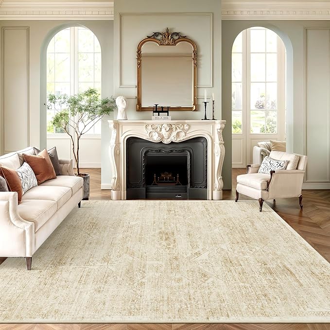 Washable Area Rug 10x14, Large Soft Rugs for Living Room Vintage Beige Rug 10x14 Area Rugs for Bedroom Dining Room Floral Non-Slip Thin Rug
