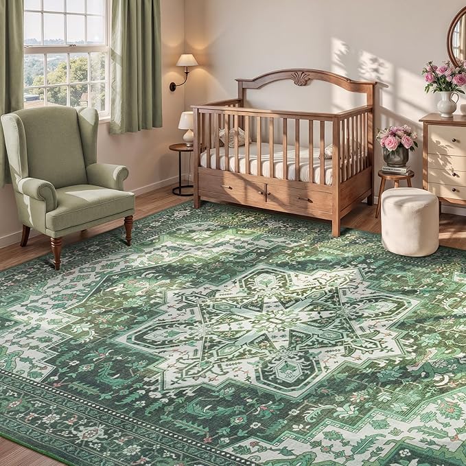 Rugflix 8x10 Area Rugs for Living Room, Machine Washable Rug Non Slip Stain Resistance, Large Rug Vintage Distressed Soft Carpet for Bedroom, Dining Room, Home Office, Green
