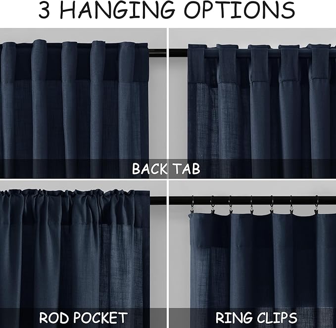 Nanspring Navy Blue Extra Long Curtain 102 inches Long 2 Panels Set for Living Room Back Tab Modern Farmhouse Coastal Decor Cotton Textured Blue Sheer Linen Curtains for High Window 52x102 Indigo