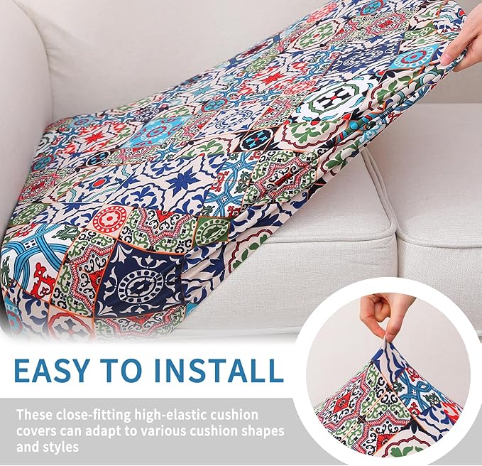 hyha Printed Couch Cushion Covers, Floral Sofa Covers Washable for 2 Cushion Couch, Stretch Pattern Outdoor Cushion Covers for Patio Furniture with Elastic Bottom(2 Packs, Patchwork Moroccan)