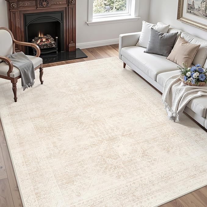 5x7 Area Rugs for Living Room: Vintage Boho Neutral Washable Rug Indoor Soft Large Area Rug Carpet for Bedroom Nursery Farmhouse Dining Room Office Floor Non-Slip Low Pile Under Table Rug Beige