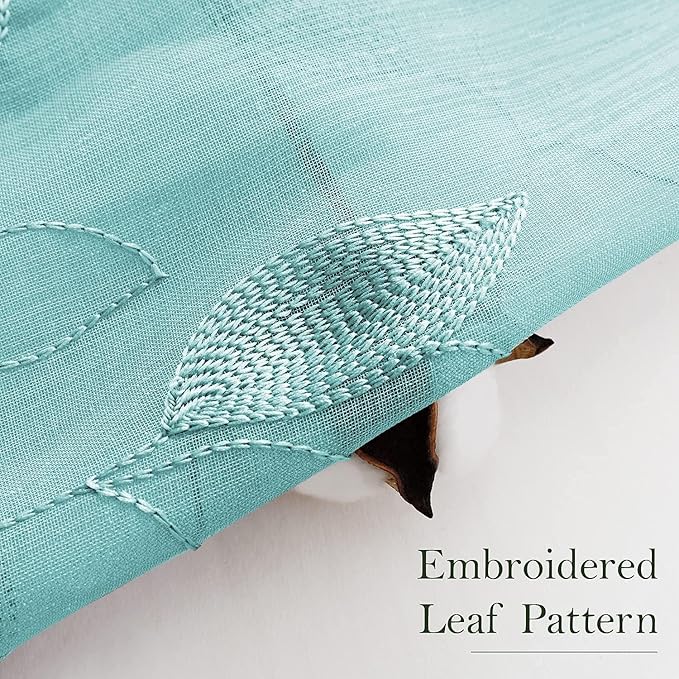 HOMEIDEAS Turquoise Aqua Sheer Curtains 52 X 96 Inches Length 2 Panels Embroidered Leaf Pattern Pocket Faux Linen Floral Teal Voile Window Drapes for Bedroom Living Room