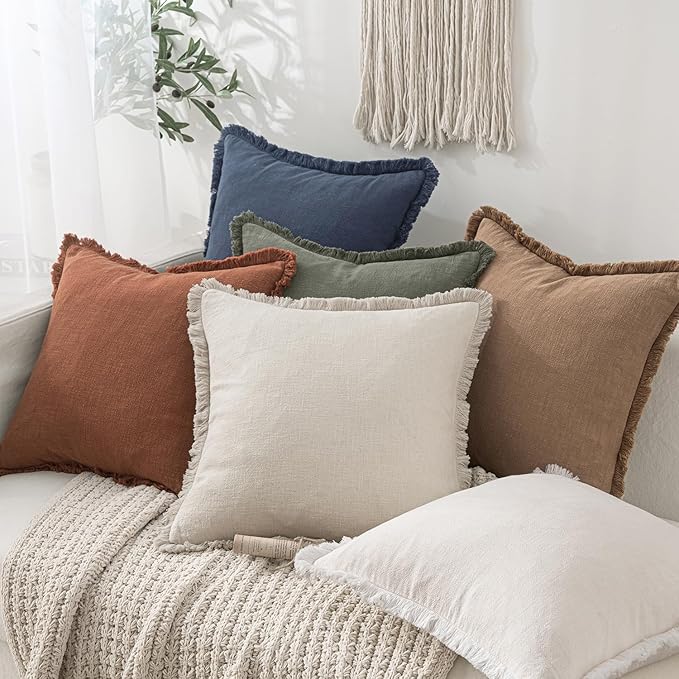 MIULEE Decorative Lumbar Throw Pillow Covers Neutral Linen Fringe Throw Pillows Set of 2 Natural Beige Boho Farmhouse Cushion Covers for Couch Sofa Bed Living Room Spring Home Decor 12x20 Inch
