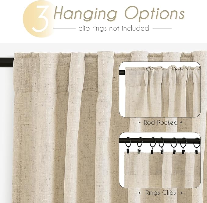 Faux Linen Beige Curtains 108 inches Long for Living Room Rustic Farmhouse Linen Drapes Semi Sheer Burlap Textured Canvas Cloth Curtain Panels Set of 2 Kahki Tan Colored
