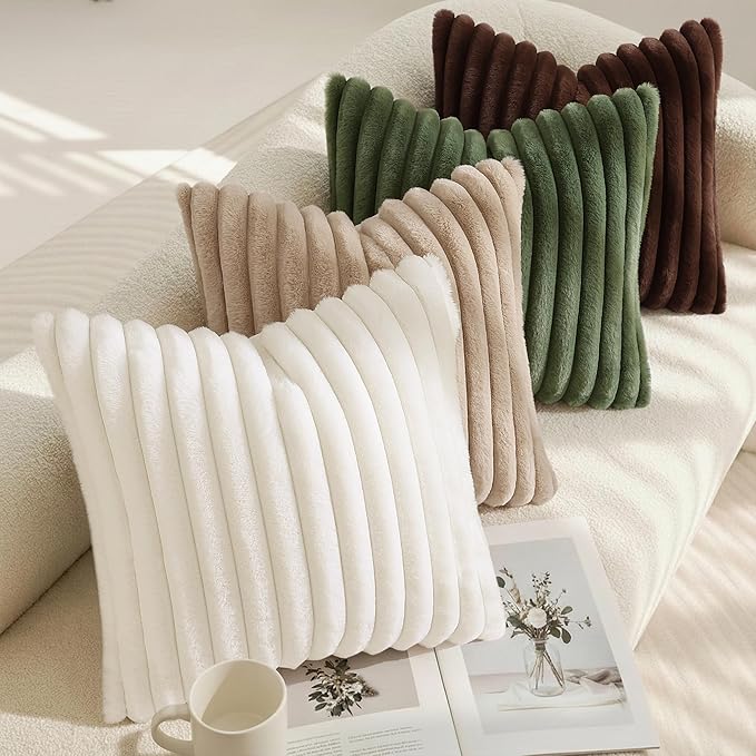 decorUhome Cozy Faux Fur Throw Pillow Covers 24x24 Set of 2 Decorative Soft Plush Striped Modern Farmhouse Boho Couch Euro Sham Pillow Cases with Velvet Back for Sofa Bed Living Room, Khaki Brown