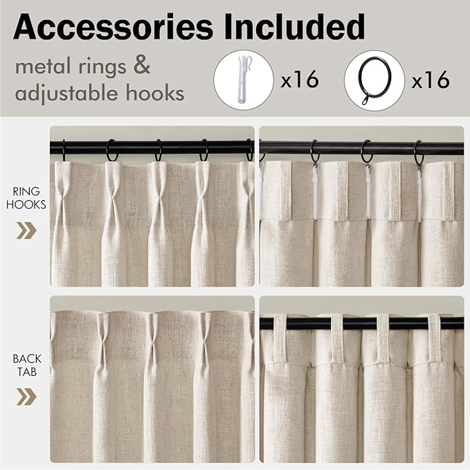 MIULEE Pinch Pleated Thick Linen Curtains 96 Inches Long 2 Panels for Living Room Bedroom, Memory Trained Drapes Pinch Pleat Back Tab Semi Sheer Privacy Neutral Ivory Cream Farmhouse Window Curtains