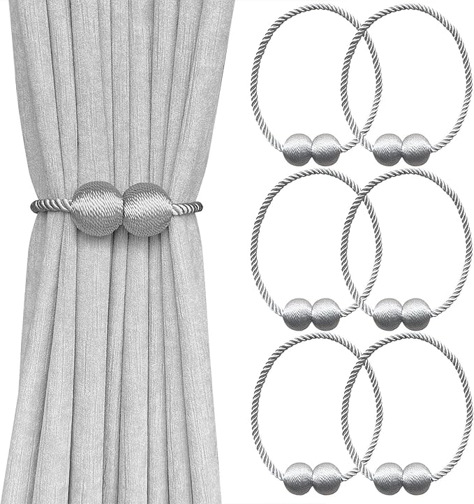 Melaluxe 6 Pack Magnetic Curtain Tiebacks, Decorative Curtain Holdbacks for Window Décor (Grey)
