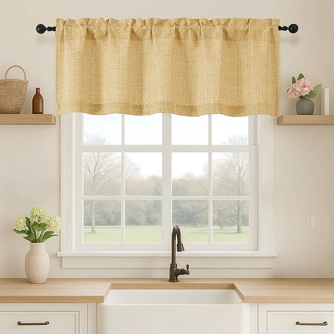OVZME Valance for Windows, Light Filtering Faux Linen Textured Small Kitchen Valances for Windows, Dual Rod Pocket Farmhouse Short Curtain for Bathroom Basement, 52Wx18L inch, 1 Piece, Gold