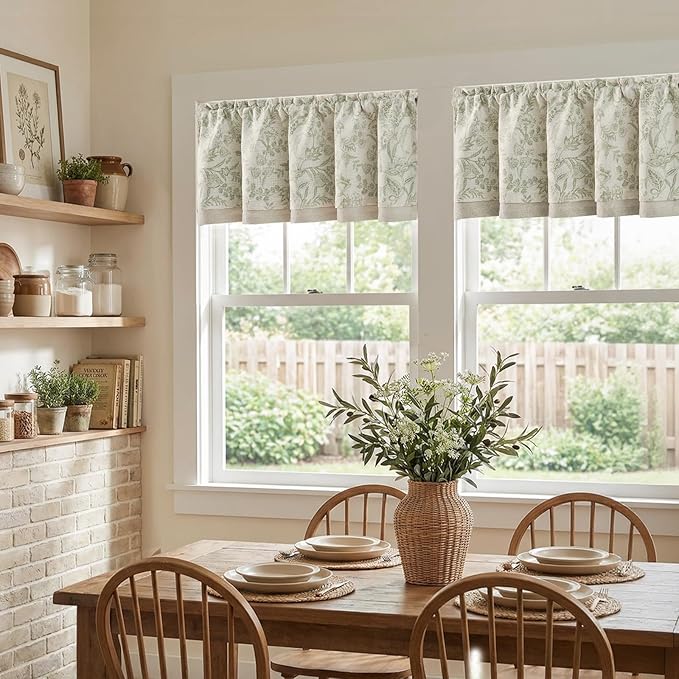 jinchan Linen Valance Curtain Farmhouse Floral Printed Small Window Curtain for Kitchen Rustic Country Light Filtering Valance for Living Room Bedroom 16 Inch Rod Pocket 1 Panel Sage Green on Beige