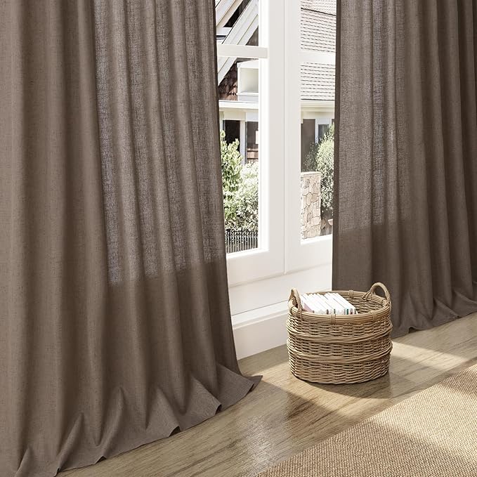 Nanspring Light Brown Semi Sheer Linen Curtains 72 Inch Length for Living Room Back Tab Rod Pocket Modern Farmhouse Coastal Decor Cotton Textured Gauze Curtains 72 Inches Long for Dining Room Office