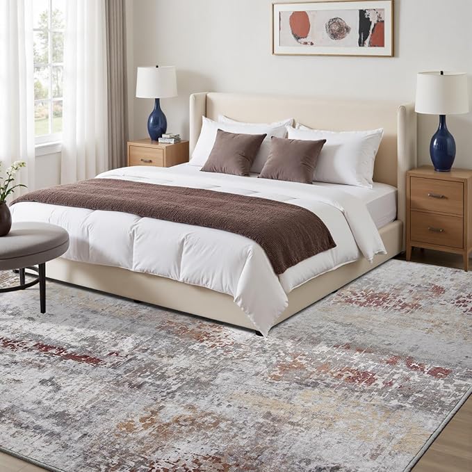 Toneed Abstract Area Rug Modern Washable Rug Soft Non Slip Rug Low Pile for Bedroom Living Room Dining Room Taupe Grey Brown 5x8 Feet