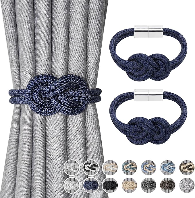 NICEEC 2 Pack Mini Magnetic Curtain Tiebacks Nordic Simple Style Drape Tie Backs Elegant Hand Weave Rope Knot Decorative Curtain Holdbacks for Home & Office Thin Window Drapery (Dark Blue)