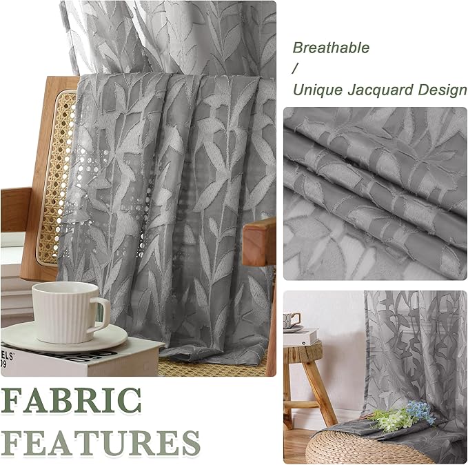Lecloud Leia Jacquard Leaf Charcoal Grey Sheer Curtains for Living Room 54 Inch Length 2 Panels, Lightweight Clip Textured Voile Gray Bedroom Curtain & Drapes with Dual Rod Pockets, 38x54 Inches