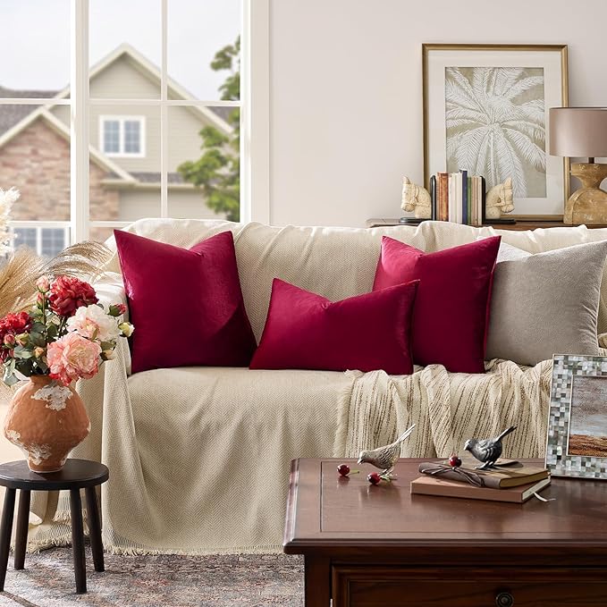 GIGIZAZA Velvet Pillow Covers 18x18: Pack of 2 Throw Pillows Soft Solid Covers - Burgundy Decorative Couch Small Cushion Covers Used for Chrismas Room Decor,Living Room,Bedroom,Sofa