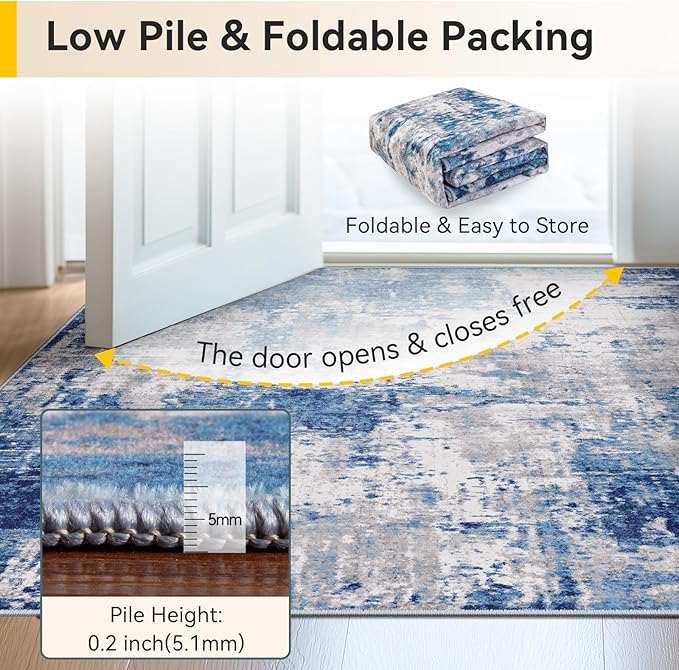Washable Area Rugs 3x6 Non-Slip Modern Abstract Soft for Living Room Entryway Bedroom Nursery, Print Pattern, Blue Grey Navy Gray
