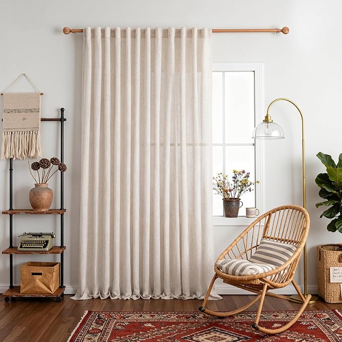 MYSKY HOME Natural Linen Sliding Glass Door Curtains, Back Tab Semi Sheer Curtain Panels Extra Long Floor Length Drapes 108 Inches for Living Room Linen Texture Soft Touch, 100" Wide, 1 Piece