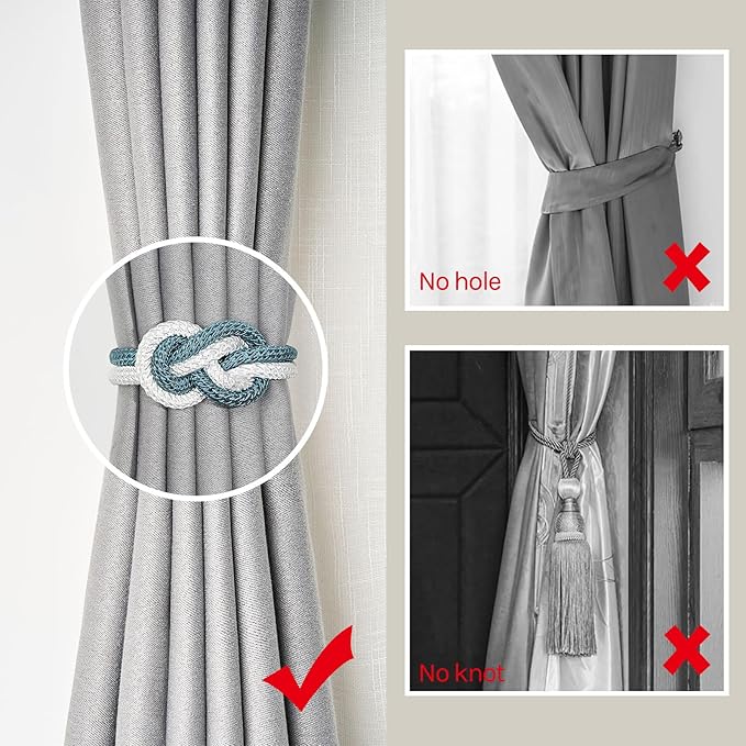 NICEEC 2 Pack Mini Magnetic Curtain Tiebacks Nordic Simple Style Drape Tie Backs Elegant Hand Weave Rope Knot Decorative Curtain Holdbacks for Home & Office Thin Window Drapery (Teal & White)