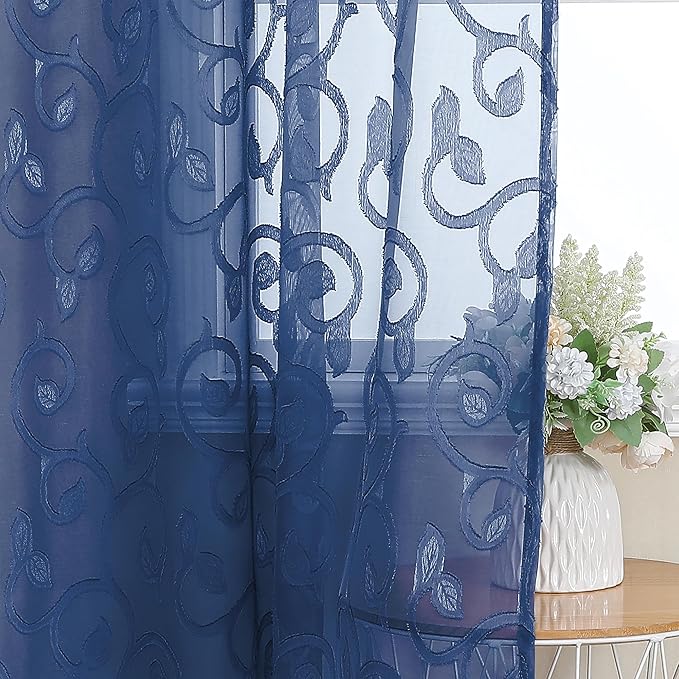 OWENIE Furman Sheer Curtains 63 inch Length for Bedroom Living Room 2 Panels Set, Jacquard Clip Textured Semi Sheer Curtains, Light Filtering Rod Pocket Farmhouse Window Treatments, Blue, 40Wx63L inch