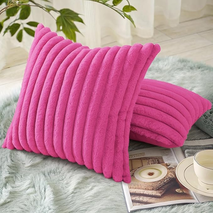decorUhome Summer Cozy Faux Fur Throw Pillow Covers 16x16 Set of 2 Decorative Soft Plush Striped Modern Farmhouse Boho Couch Pillow Cases with Velvet Back for Sofa Bed Living Room, Hot Pink